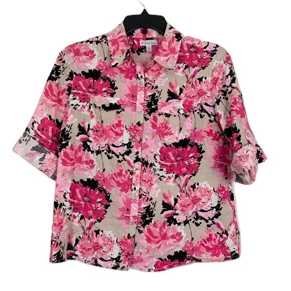 SALE! KIM ROGERS 100% Linen Button Down Top Size Petite Medium - Picture 1 of 6